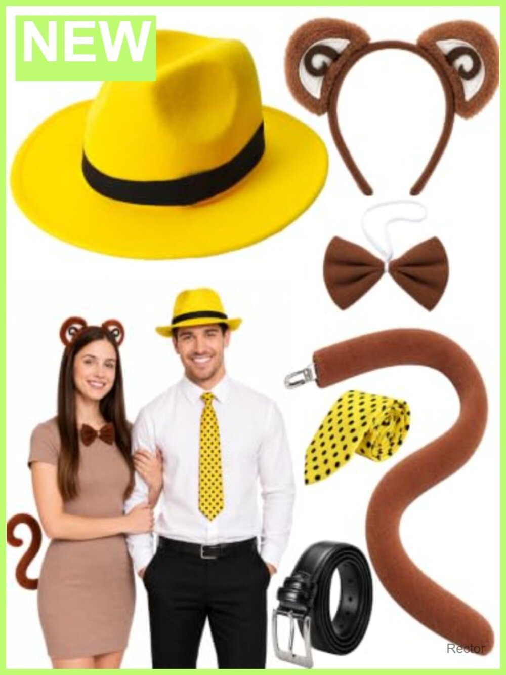 6Pc Man in Yellow Hat & Monkey Couples Costume Set Felt Hat Tie Belt